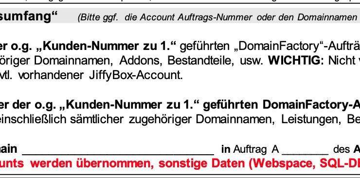 Abtretungsformular von Domain Factory (Ausschnitt)