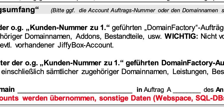 Abtretungsformular von Domain Factory (Ausschnitt)