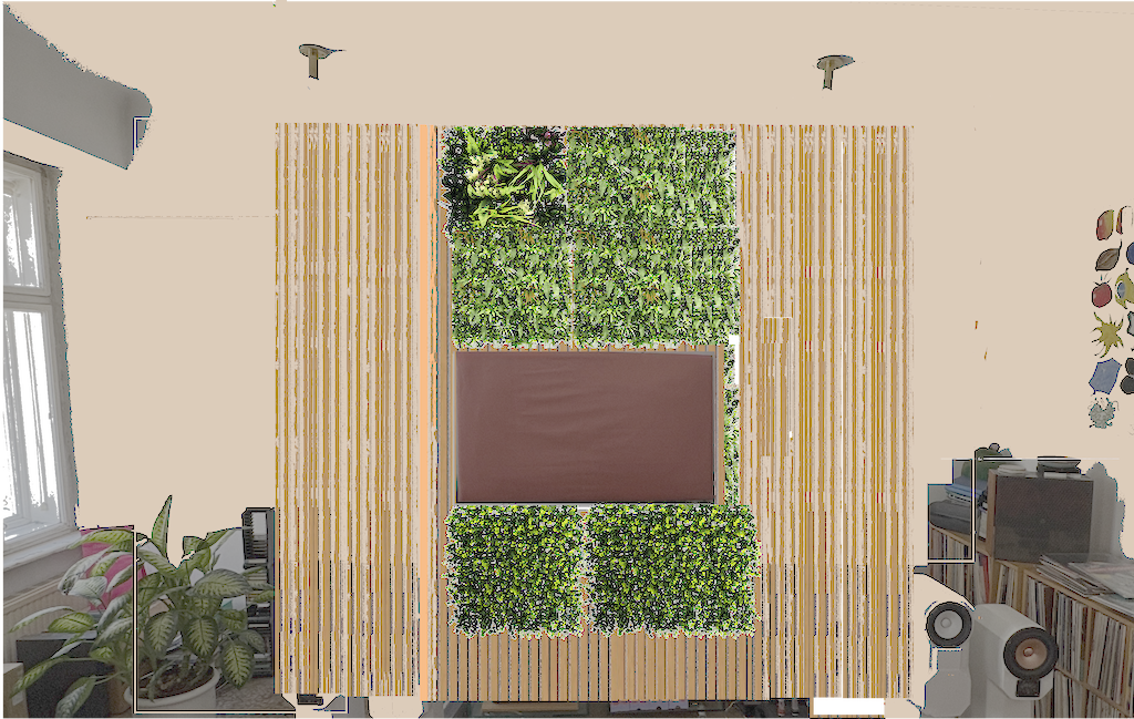 Plan der neuen Frontwand mit Pflanzen und Akustikpanelen